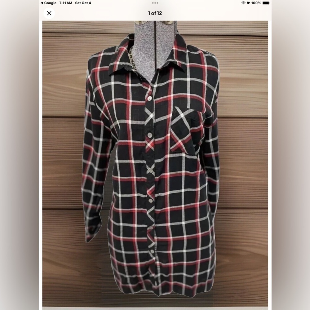 J Jill Top Size M Tunic Shirt Plaid With Pockets Button Up 100% Cotton Long